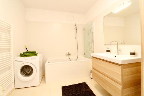 a bathroom with a washing machine and a sink at Spacious Terrace Apt in Modern Klosterneuburg Building in Klosterneuburg