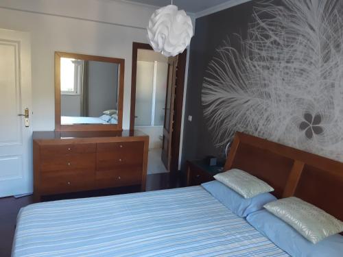 um quarto com uma cama, uma cómoda e um espelho em Apartamento Marques em Santa Cruz - Madeira