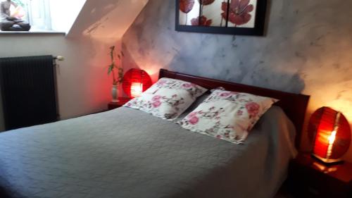 een slaapkamer met een bed met kussens en 2 lampen bij Chez Lydie et Jean Paul in Vignoux-sur-Barangeon