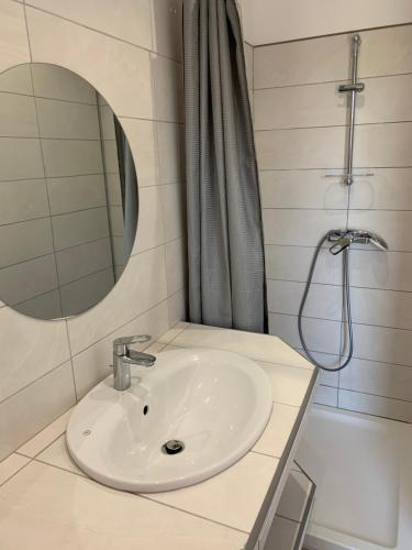 une salle de bain avec un lavabo, un miroir et une douche dans l'établissement Casa Julie, à Patrimonio