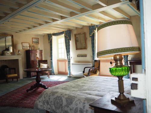 ein Schlafzimmer mit einem Bett mit einer Lampe in der Unterkunft Gentilhommière de Lurcy le Bourg in Lurcy-le-Bourg
