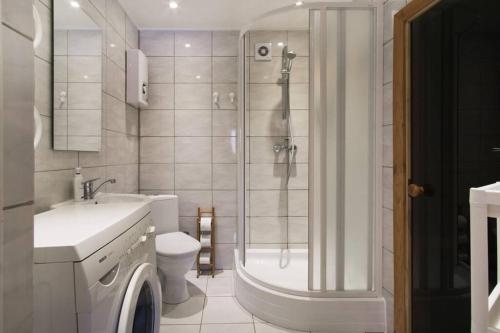 a bathroom with a shower and a toilet and a sink at PRIVATE SAUNA & 4 bedrooms Old Town Rooftop Apartment in Vilnius