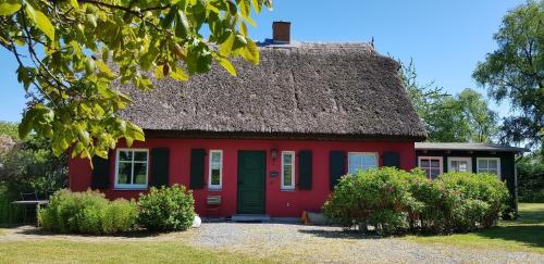 a red house with a thatched roof at Hof Garz in Poseritz