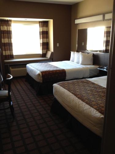 a hotel room with two beds and two windows at Microtel Inn & Suites in Sidney