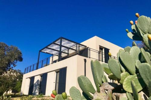 a white house with a cactus in front of it at Villa Fogata à l'Ile Rousse vue mer exceptionnelle in LʼÎle-Rousse
