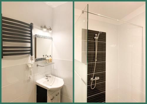 a white bathroom with a sink and a shower at Old Town Studio Apartment in Toruń