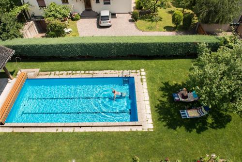an overhead view of a person swimming in a swimming pool at Pensione Penegalblick in Appiano sulla Strada del Vino