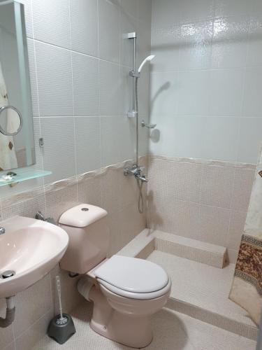 a bathroom with a toilet and a sink and a shower at Family hotel Dramchev in Nesebar