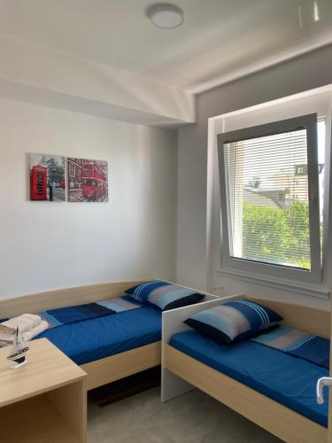 1 Schlafzimmer mit 2 Betten und einem Fenster in der Unterkunft Anastazija Apartment in Ohrid