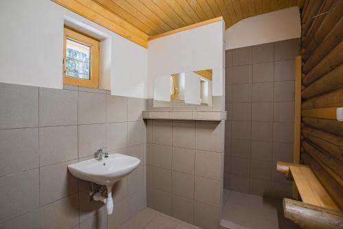 La salle de bains est pourvue d'un lavabo et d'un miroir. dans l'établissement Chata Hlboké, à Bojnice