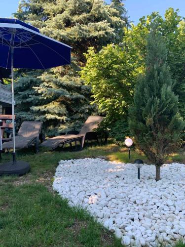 a rock garden with a blue umbrella and benches at Planinska kuća sa dvorištem in Zlatibor