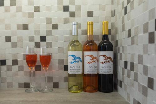 two bottles of wine sitting next to two wine glasses at Villa Eternity, Ai Helis Kefalonia in Kefallonia