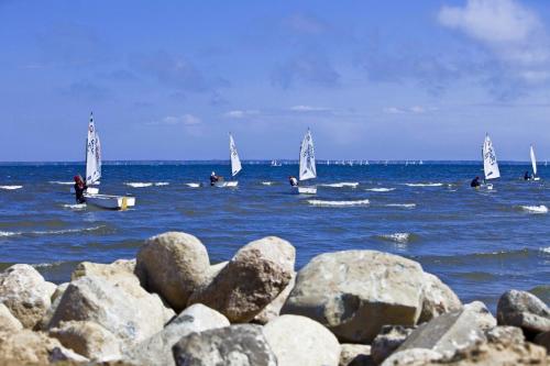 a group of sailboats in the ocean with rocks at Great Polonia Beach & Molo in Puck