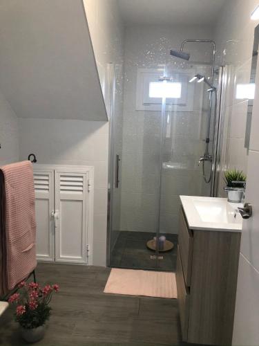 a bathroom with a shower and a sink at Villas Santa Ana in Conil de la Frontera