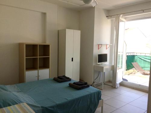 une chambre avec un lit, une télévision et une fenêtre dans l'établissement Appartement Terrasse Quartier Liberation, à Nice