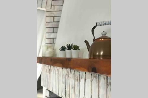 a tea kettle on a shelf with potted plants at Lake It Easy Mandello in Mandello del Lario