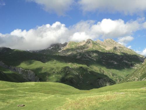 a green field with a mountain in the background at Maison de l'Epine -spa- Versant du soleil in Granier
