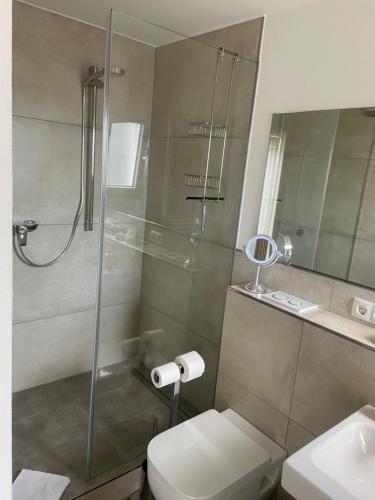 a bathroom with a shower and a toilet and a sink at Landgasthof Zur Erholung in Breitscheid