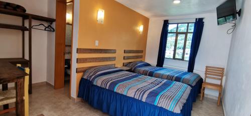 - une chambre avec 2 lits et une fenêtre dans l'établissement CASA LUPITA, à Mineral del Monte