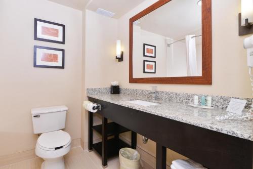 a bathroom with a toilet and a sink and a mirror at Comfort Suites University - Research Park in Charlotte