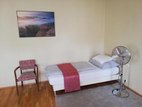 a bedroom with a bed and a fan and a chair at Penzion Lípa in Krásná Lípa