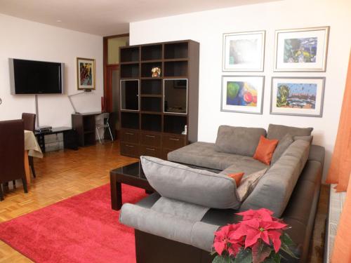 a living room with a gray couch and a television at Prestige Apartman Zagreb in Zagreb