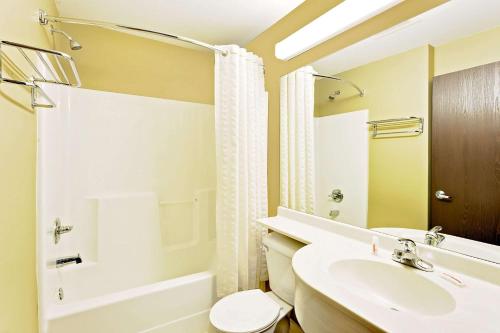 a bathroom with a white toilet and a sink at Microtel Inn & Suites by Wyndham Prairie du Chien in Prairie du Chien