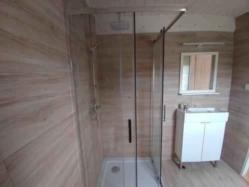 a shower with a glass door next to a sink at Nad Zalewem - Kluczbork- domki całoroczne in Ligota Zamecka