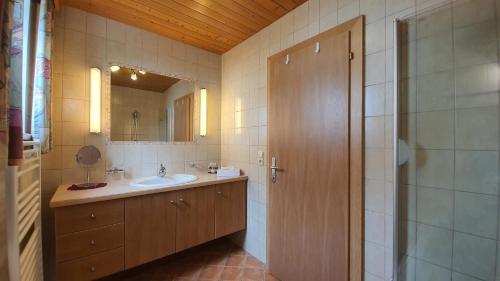 a bathroom with a sink and a wooden door at Ferienhaus Antoinette in Biberwier