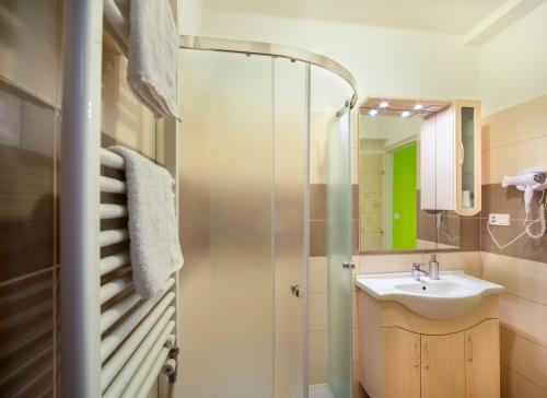 een badkamer met een wastafel en een douche bij Berkes Vendégház in Badacsonytördemic