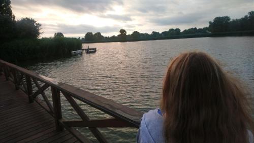 a woman sitting on a dock looking at a lake at Relax II. Vendégház in Dunapataj