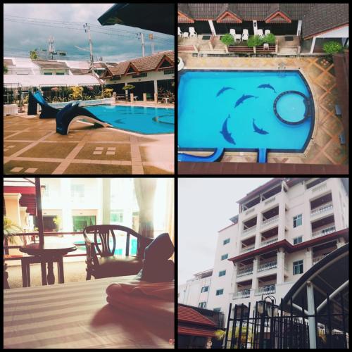 een collage van foto's van een zwembad en een gebouw bij Jed Pee Nong Hotel โรงแรมเจ็ดพี่น้อง in Hua Hin