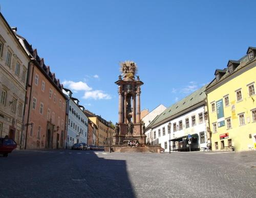 a tall monument in the middle of a city street at Hotel Barcadam in Banská Štiavnica