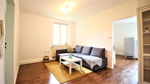 a living room with a couch and a table at Zentral Wohnen - inkl. privatem Stellplatz in Würzburg