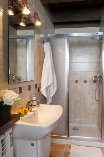 a bathroom with a shower and a white sink at La Batllia in Sant Joan de les Abadesses
