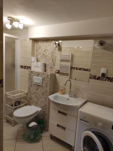 a bathroom with a toilet and a sink and a washing machine at Apartament przy plaży in Kuźnica