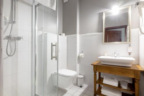 een badkamer met een toilet, een wastafel en een douche bij Majątek Howieny "Sielanka" 