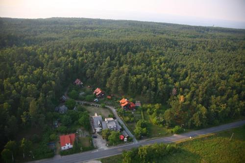 an aerial view of a house in the middle of a forest at Gościniec nad Zalewem in Kąty Rybackie