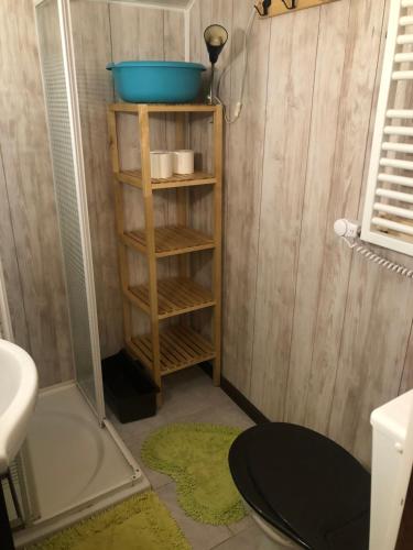a bathroom with a shower with a blue bowl on a shelf at Letnisko SYMSAR 6, Drewniany domek letniskowy z ogrodem in Wernegity