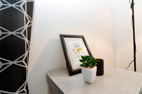 a picture frame and a plant on a table at Modern Balcony Apartment with Pool close to Lake in "Donaustadt" in Vienna