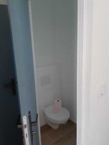 a bathroom with a white toilet in a room at ETABLISSEMENT CHEZ JULES in Ambleteuse