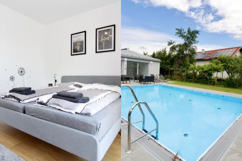 two pictures of a bedroom and a swimming pool at Modern Balcony Apartment with Pool close to Lake in "Donaustadt" in Vienna