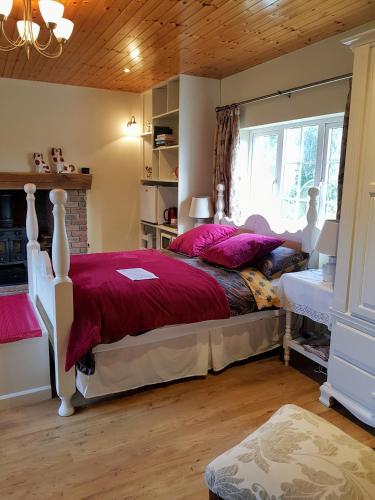 a bedroom with a bed with red sheets and a window at Brookvale in Wellingtonbridge