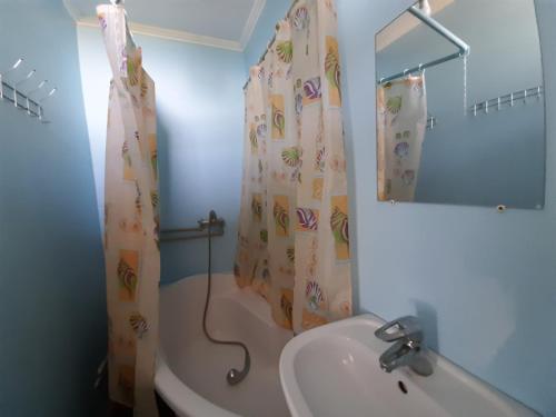 une salle de bain avec un lavabo et un rideau de douche dans l'établissement 2Квартира с видом на море, à Odessa