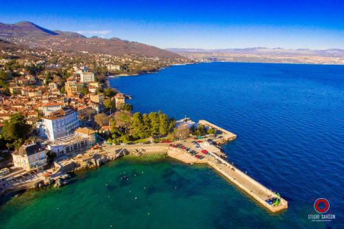 an aerial view of a small island in the water at Villa Zita Lovran in Opric