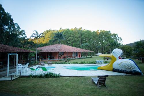 a rubber duck statue sitting on a table next to a pool at Sítio Nicolau - Maravilhoso sítio nas Montanhas em Domingos Martins! in Domingos Martins