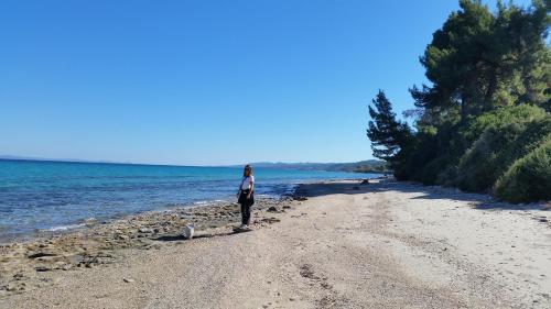 Eine Frau steht am Strand in der Nähe des Wassers in der Unterkunft Amparoudes in Kriopigi