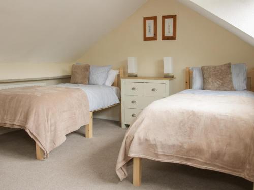 a bedroom with two beds and a dresser at Whitewater Cottage in Llangollen