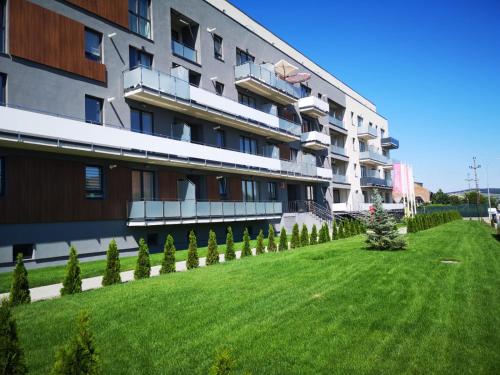 un grand bâtiment avec une pelouse devant lui dans l'établissement Apartament Ion Heliade, à Târgu-Mureş