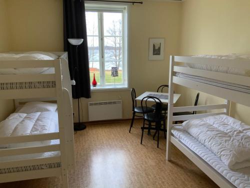 Zimmer mit 3 Etagenbetten, einem Tisch und einem Fenster in der Unterkunft Evedals Vandrarhem Växjö in Växjö
